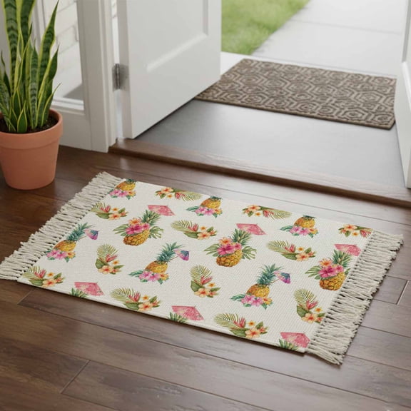 Kitchen Runner Rugs, Summer Pineapple Flower Leaf 2'x3' Throw Rug with Tassels, Tropical Fruit Blossom Floral Washable Soft Floor Carpet Runner for Hallway Bedroom Bathroom Laundry Room