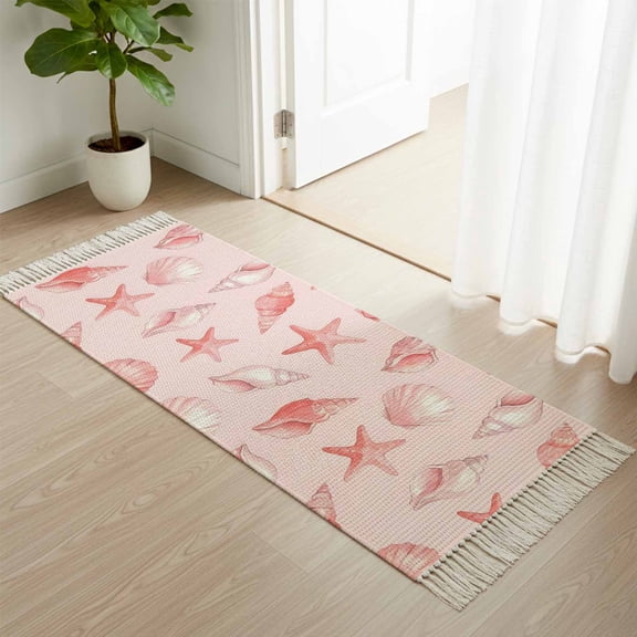 Kitchen Runner Rugs, Summer Pink Conch Shell Starfish 2'x4' Throw Rug with Tassels, Coastal Ocean Creature Washable Soft Floor Carpet Runner for Hallway Bedroom Bathroom Laundry Room