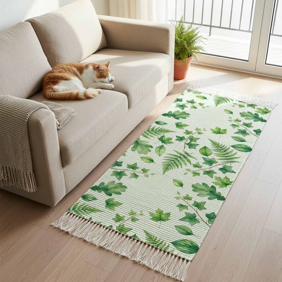 Kitchen Runner Rugs, Summer Plants Ivy Oak Leaves 2'x5' Throw Rug with Tassels, Green Leaf Ferns Washable Soft Floor Carpet Runner for Hallway Bedroom Bathroom Laundry Room