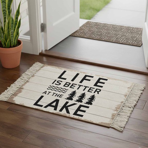 Kitchen Runner Rugs, Summer Quotes Lake and Forest 2'x3' Throw Rug with Tassels, Farm Wooden Frain Washable Soft Floor Carpet Runner for Hallway Bedroom Bathroom Laundry Room