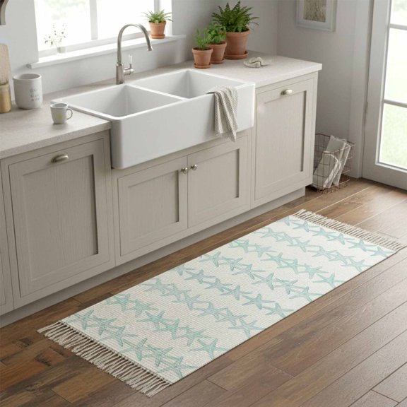 Kitchen Runner Rugs, Summer Sea Starfish Seamless 2'x6' Throw Rug with Tassels, Coastal Ocean Animal Washable Soft Floor Carpet Runner for Hallway Bedroom Bathroom Laundry Room