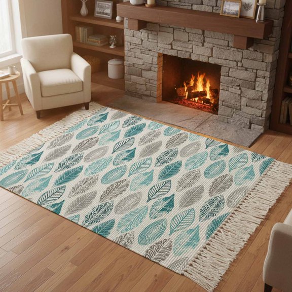 Kitchen Runner Rugs, Summer Teal Leaves Watercolor Tropical Leaf 4'x6' Throw Rug with Tassels, Turquoise Plant Seamless Washable Soft Floor Carpet Runner for Hallway Bedroom Bathroom Laundry Room
