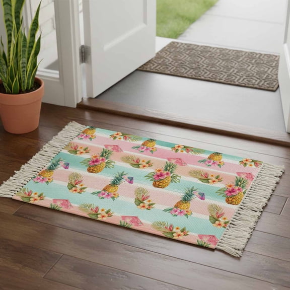 Kitchen Runner Rugs, Summer Tropical Fruit Pineapple 2'x3' Throw Rug with Tassels, Pink Green Striped Washable Soft Floor Carpet Runner for Hallway Bedroom Bathroom Laundry Room
