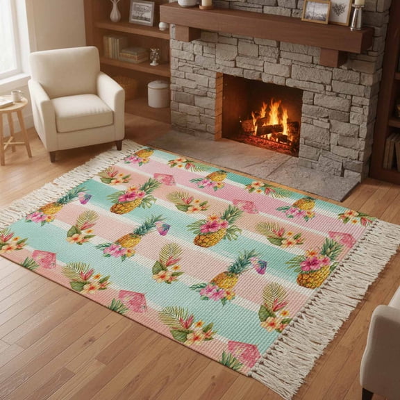 Kitchen Runner Rugs, Summer Tropical Fruit Pineapple 4'x6' Throw Rug with Tassels, Pink Green Striped Washable Soft Floor Carpet Runner for Hallway Bedroom Bathroom Laundry Room