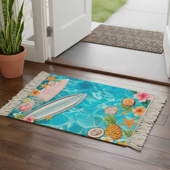Kitchen Runner Rugs, Summer Tropical Surfboard 2'x3' Throw Rug with Tassels, Pineapple Starfish Cocktail Washable Soft Floor Carpet Runner for Hallway Bedroom Bathroom Laundry Room