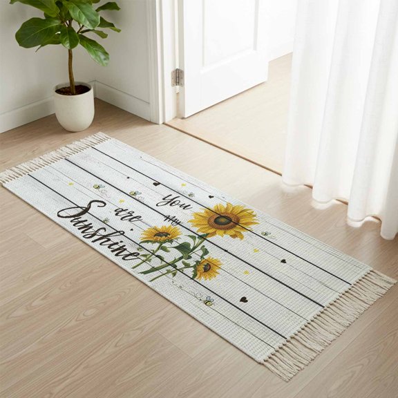 Kitchen Runner Rugs, My Sunshine Sunflower Quotes 2'x4' Throw Rug with Tassels, Farm Gray Wood Board Washable Soft Floor Carpet Runner for Hallway Bedroom Bathroom Laundry Room
