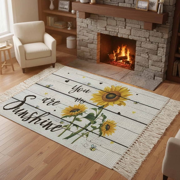 Kitchen Runner Rugs, My Sunshine Sunflower Quotes 4'x6' Throw Rug with Tassels, Farm Gray Wood Board Washable Soft Floor Carpet Runner for Hallway Bedroom Bathroom Laundry Room