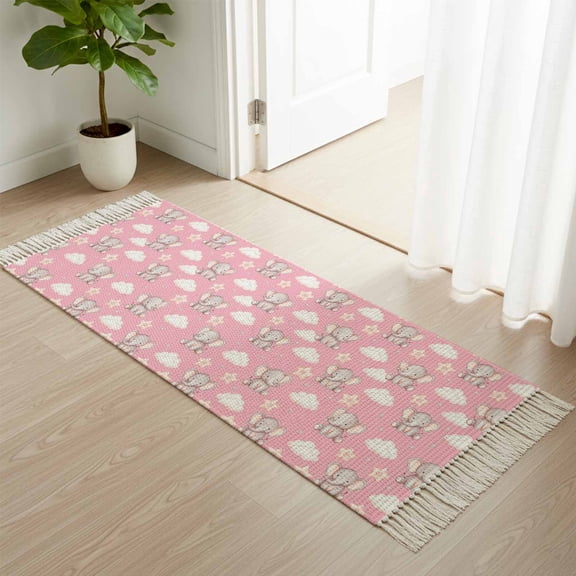 Kitchen Runner Rugs, Sweet Playful Elephants on Pink 2'x4' Throw Rug with Tassels, Stars White Clouds Washable Soft Floor Carpet Runner for Hallway Bedroom Bathroom Laundry Room