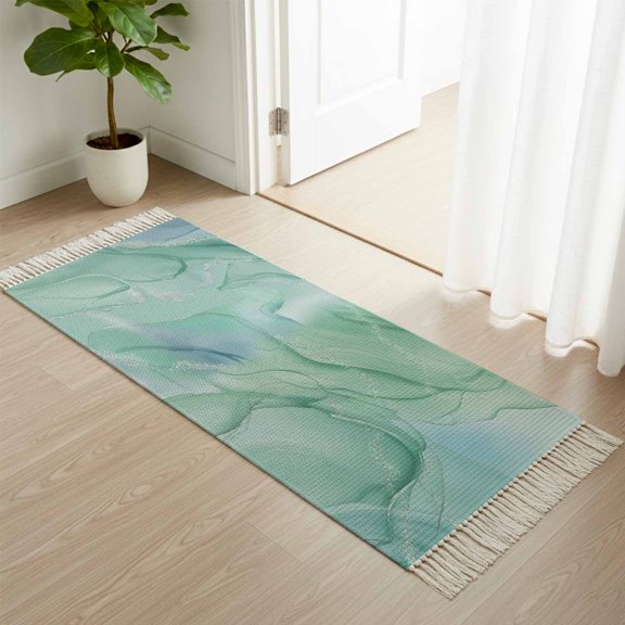 Kitchen Runner Rugs, Teal Abstract Marble Texture 2'x4' Throw Rug with Tassels, Nature Stone Agate Washable Soft Floor Carpet Runner for Hallway Bedroom Bathroom Laundry Room