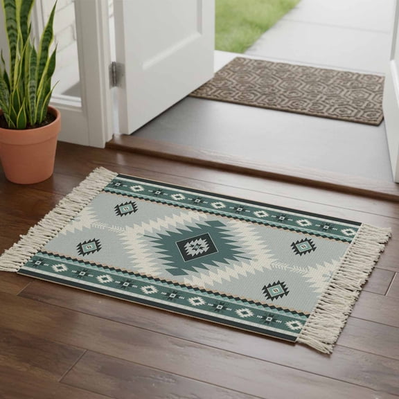 Kitchen Runner Rugs, Teal Aztec Tribal Style 2'x3' Throw Rug with Tassels, Ethnic Southwest Native Pattern Washable Soft Floor Carpet Runner for Hallway Bedroom Bathroom Laundry Room