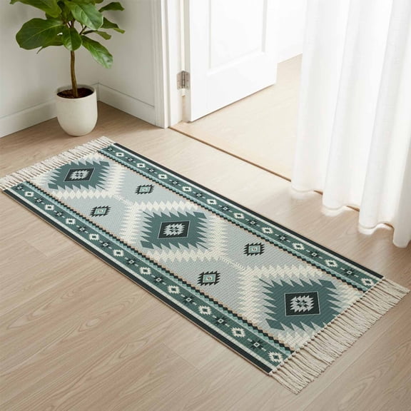 Kitchen Runner Rugs, Teal Aztec Tribal Style 2'x4' Throw Rug with Tassels, Ethnic Southwest Native Pattern Washable Soft Floor Carpet Runner for Hallway Bedroom Bathroom Laundry Room