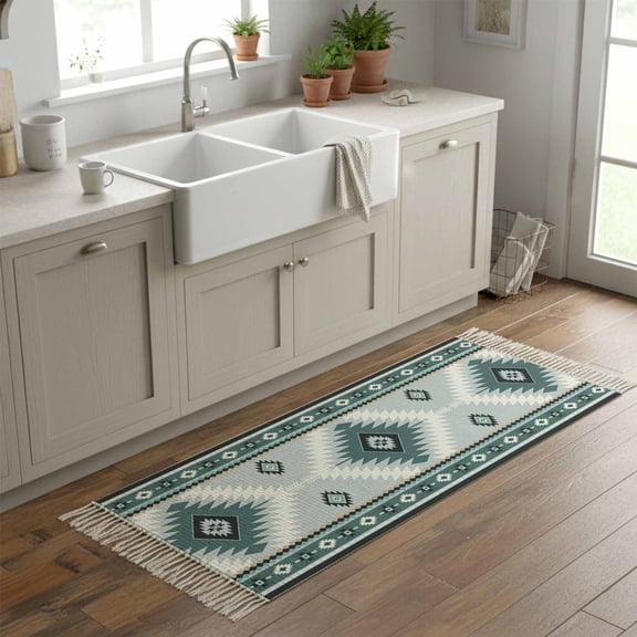 Kitchen Runner Rugs, Teal Aztec Tribal Style 2'x6' Throw Rug with Tassels, Ethnic Southwest Native Pattern Washable Soft Floor Carpet Runner for Hallway Bedroom Bathroom Laundry Room