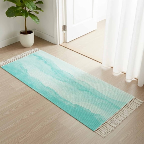 Kitchen Runner Rugs, Teal Gradient Ripple 2'x4' Throw Rug with Tassels, Turquoise Ombre Washable Soft Floor Carpet Runner for Hallway Bedroom Bathroom Laundry Room