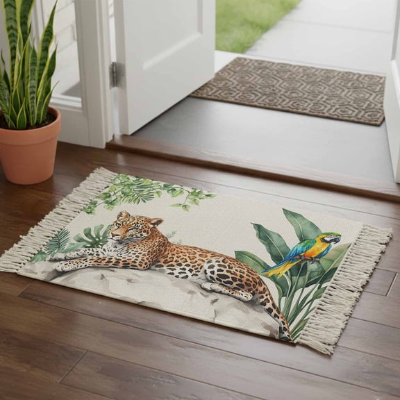 Kitchen Runner Rugs, Tiger Turtle Leaf Tropical Plant 2'x3' Throw Rug with Tassels, Animal Leopard Print Washable Soft Floor Carpet Runner for Hallway Bedroom Bathroom Laundry Room