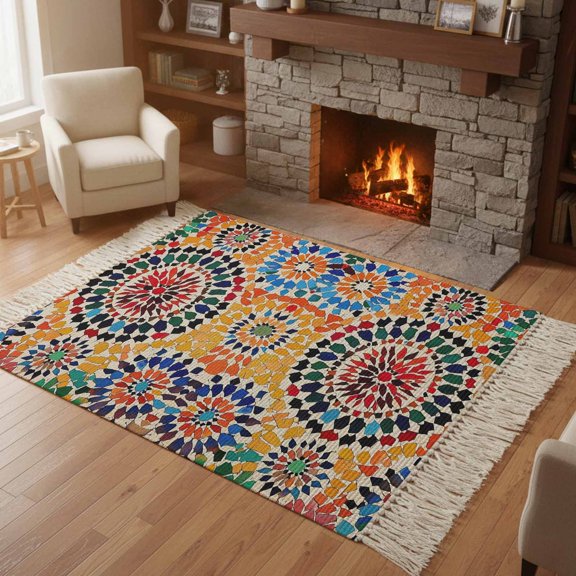 Kitchen Runner Rugs, Traditional Colourful Moroccan Wall Tile Mosaic Back 4'x6' Throw Rug with Tassels, Bohemian Style Washable Soft Floor Carpet Runner for Hallway Bedroom Bathroom Laundry Room