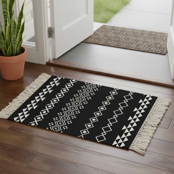 Kitchen Runner Rugs, Traditional Tribal White Diamond 2'x3' Throw Rug with Tassels, Boho Geometric on Black Washable Soft Floor Carpet Runner for Hallway Bedroom Bathroom Laundry Room