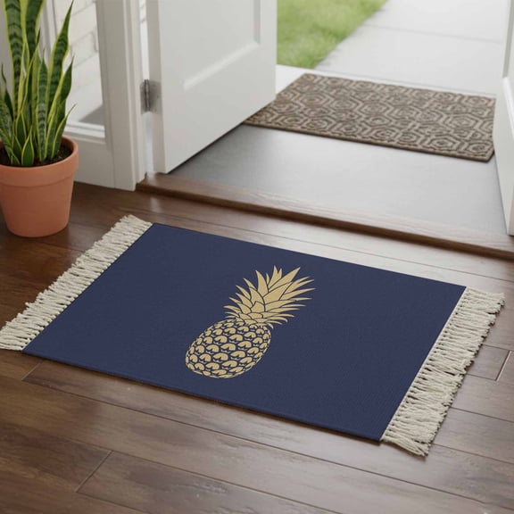 Kitchen Runner Rugs, Tropical Fruit Pineapple 2'x3' Throw Rug with Tassels, Abstract Yellow Pattern on Navy Blue Washable Soft Floor Carpet Runner for Hallway Bedroom Bathroom Laundry Room