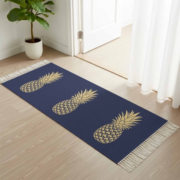 Kitchen Runner Rugs, Tropical Fruit Pineapple 2'x4' Throw Rug with Tassels, Abstract Yellow Pattern on Navy Blue Washable Soft Floor Carpet Runner for Hallway Bedroom Bathroom Laundry Room