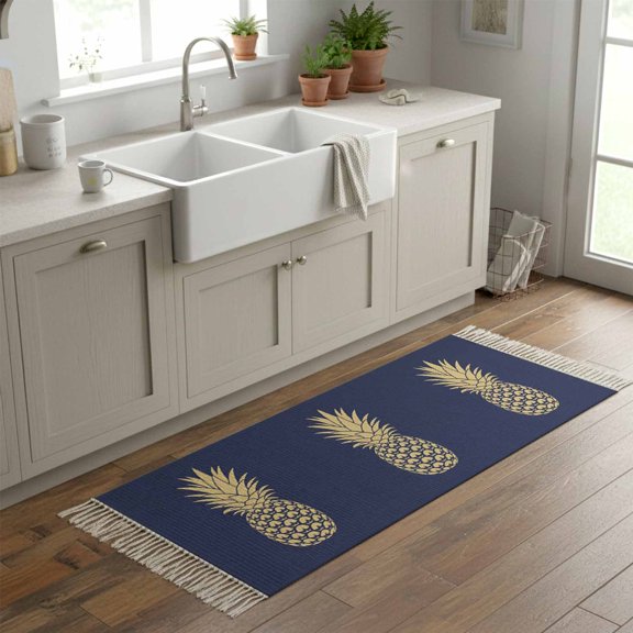 Kitchen Runner Rugs, Tropical Fruit Pineapple 2'x6' Throw Rug with Tassels, Abstract Yellow Pattern on Navy Blue Washable Soft Floor Carpet Runner for Hallway Bedroom Bathroom Laundry Room