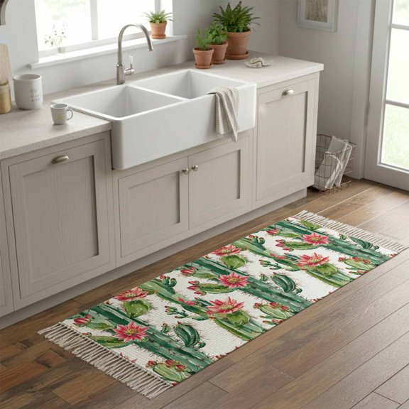 Kitchen Runner Rugs, Tropical Green Cactus Red Flower 2'x6' Throw Rug with Tassels, Summer Succulent Washable Soft Floor Carpet Runner for Hallway Bedroom Bathroom Laundry Room