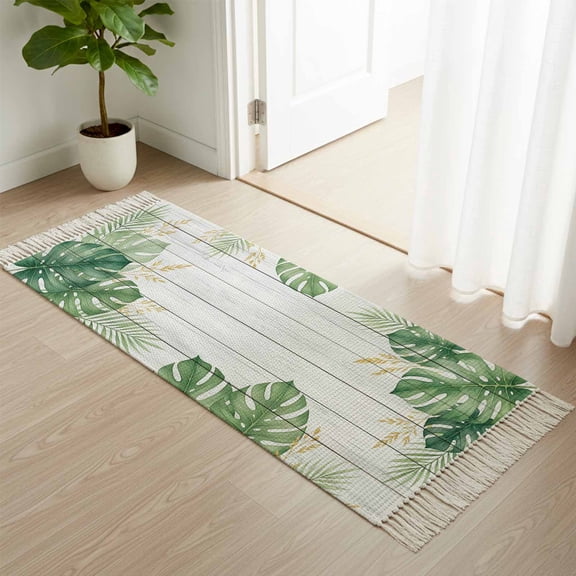 Kitchen Runner Rugs, Tropical Green Gold Leaves 2'x4' Throw Rug with Tassels, Summer Plant Farmhouse Wood Board Washable Soft Floor Carpet Runner for Hallway Bedroom Bathroom Laundry Room