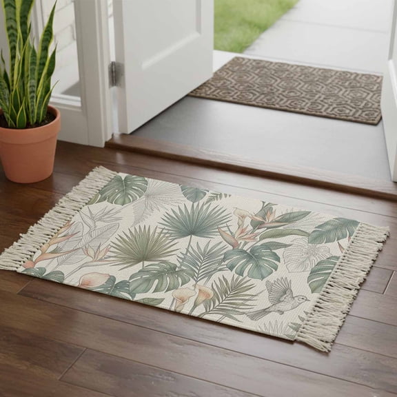 Kitchen Runner Rugs, Tropical Monstera Bird of Paradise 2'x3' Throw Rug with Tassels, Farm Fern Plant on Beige Washable Soft Floor Carpet Runner for Hallway Bedroom Bathroom Laundry Room