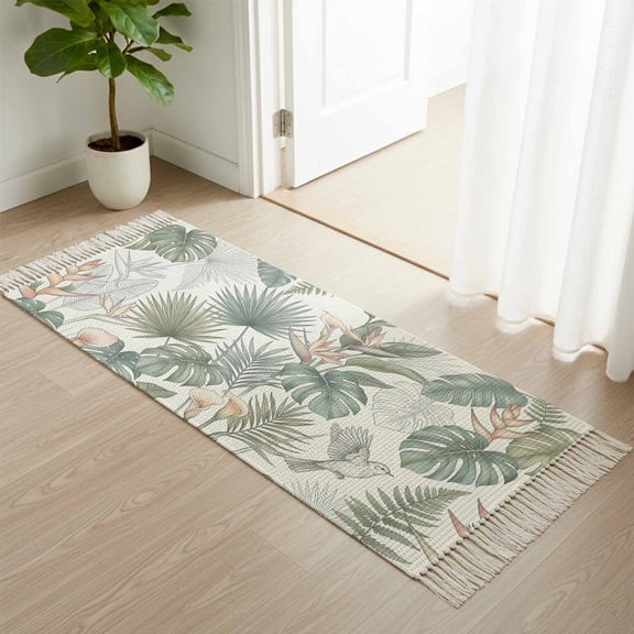 Kitchen Runner Rugs, Tropical Monstera Bird of Paradise 2'x4' Throw Rug with Tassels, Farm Fern Plant on Beige Washable Soft Floor Carpet Runner for Hallway Bedroom Bathroom Laundry Room