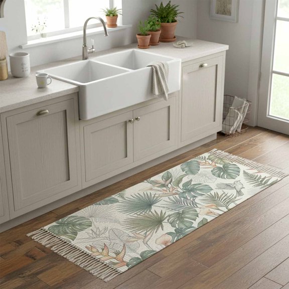 Kitchen Runner Rugs, Tropical Monstera Bird of Paradise 2'x6' Throw Rug with Tassels, Farm Fern Plant on Beige Washable Soft Floor Carpet Runner for Hallway Bedroom Bathroom Laundry Room