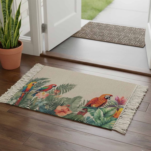 Kitchen Runner Rugs, Tropical Monstera Parrot Bird 2'x3' Throw Rug with Tassels, Watercolor Botanical Leaves Washable Soft Floor Carpet Runner for Hallway Bedroom Bathroom Laundry Room