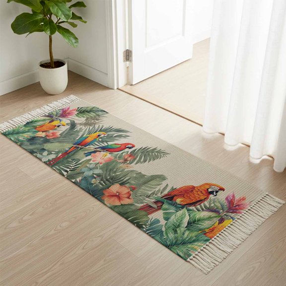 Kitchen Runner Rugs, Tropical Monstera Parrot Bird 2'x4' Throw Rug with Tassels, Watercolor Botanical Leaves Washable Soft Floor Carpet Runner for Hallway Bedroom Bathroom Laundry Room