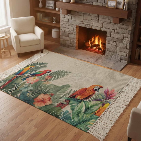 Kitchen Runner Rugs, Tropical Monstera Parrot Bird 4'x6' Throw Rug with Tassels, Watercolor Botanical Leaves Washable Soft Floor Carpet Runner for Hallway Bedroom Bathroom Laundry Room