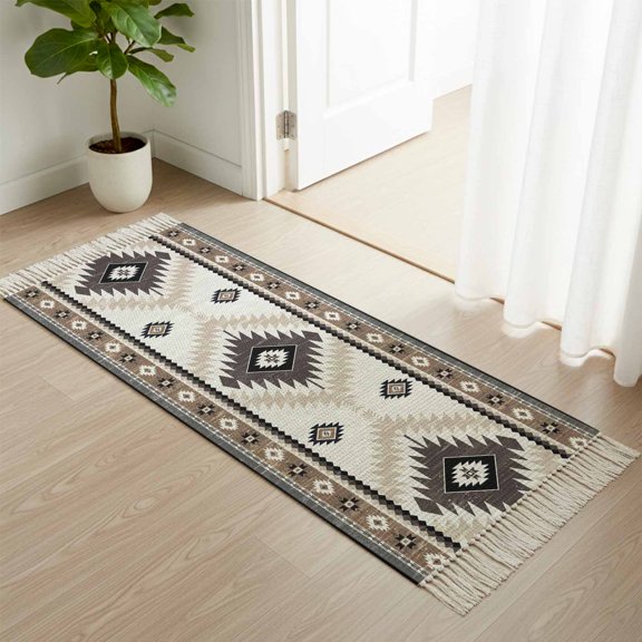 Kitchen Runner Rugs, Vintage Aztec Southwest Wind 2'x4' Throw Rug with Tassels, Country Farmhouse Washable Soft Floor Carpet Runner for Hallway Bedroom Bathroom Laundry Room