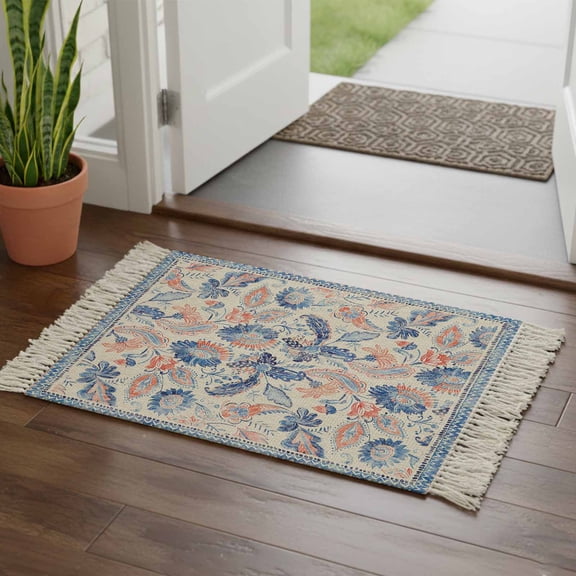 Kitchen Runner Rugs, Vintage Boho Floral Leaves Art on Flax 2'x3' Throw Rug with Tassels, Seamless Paisley Flower Texture Washable Soft Floor Carpet Runner for Hallway Bedroom Bathroom Laundry Room