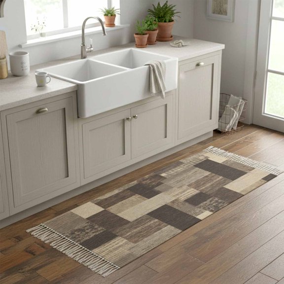 Kitchen Runner Rugs, Vintage Country Wooden Grain 2'x6' Throw Rug with Tassels, Abstract Color Blocks Washable Soft Floor Carpet Runner for Hallway Bedroom Bathroom Laundry Room