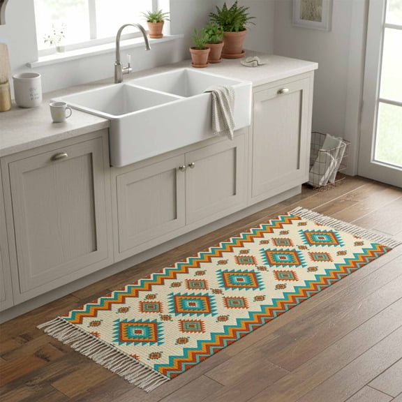 Kitchen Runner Rugs, Vintage Ethnic Geometric Art 2'x6' Throw Rug with Tassels, Tribal Herringbone Texture Washable Soft Floor Carpet Runner for Hallway Bedroom Bathroom Laundry Room