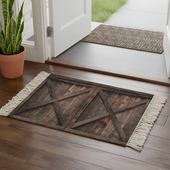 Kitchen Runner Rugs, Vintage Farmhouse Barn 2'x3' Throw Rug with Tassels, Country Wooden Plank Washable Soft Floor Carpet Runner for Hallway Bedroom Bathroom Laundry Room