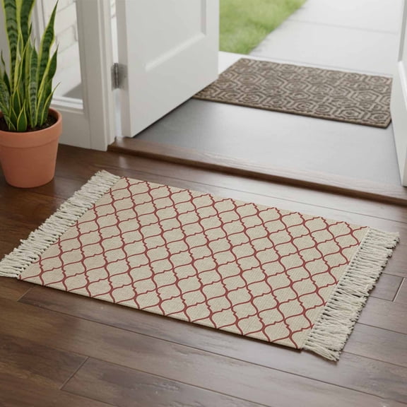 Kitchen Runner Rugs, Vintage Moroccan Lattice Pastoral Style 2'x3' Throw Rug with Tassels, Retro Linen Texture Washable Soft Floor Carpet Runner for Hallway Bedroom Bathroom Laundry Room
