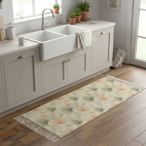 Kitchen Runner Rugs, Vintage Orange Green Pampas Grass Flower 2'x6' Throw Rug with Tassels, Boho Botanical Washable Soft Floor Carpet Runner for Hallway Bedroom Bathroom Laundry Room