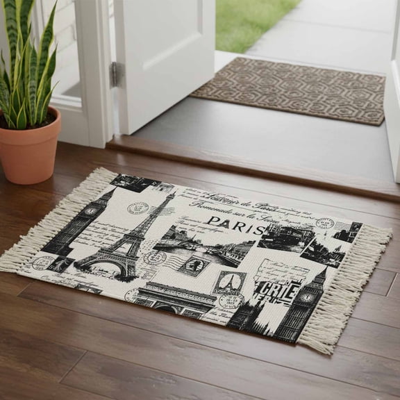 Kitchen Runner Rugs, Vintage Paris Gray Architectural 2'x3' Throw Rug with Tassels, Modern Abstract Art Washable Soft Floor Carpet Runner for Hallway Bedroom Bathroom Laundry Room