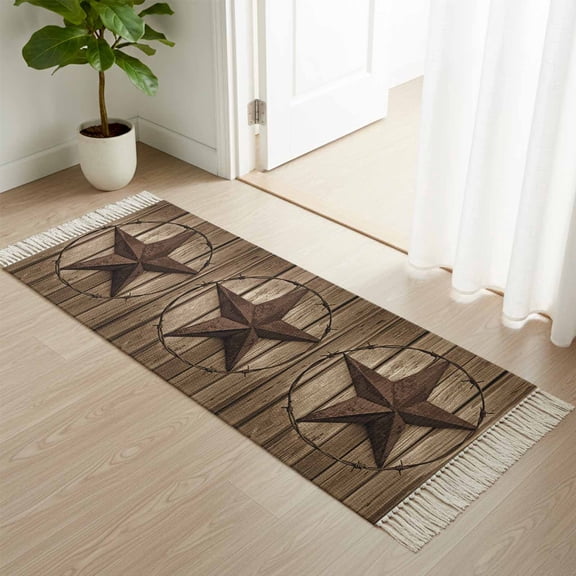 Kitchen Runner Rugs, Vintage Texas Star on Board 2'x4' Throw Rug with Tassels, Country Brown Wood Grain Washable Soft Floor Carpet Runner for Hallway Bedroom Bathroom Laundry Room
