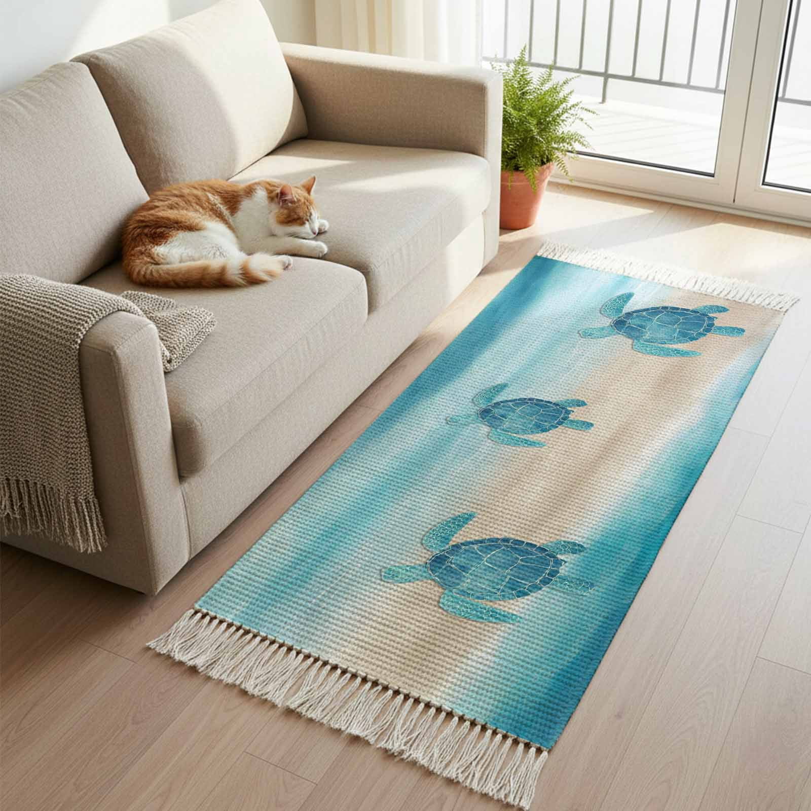 Turtle Rug Runner Kitchen Runner Rugs, Watercolor Blue Sea Turtles 2'x5' Throw Rug with ...