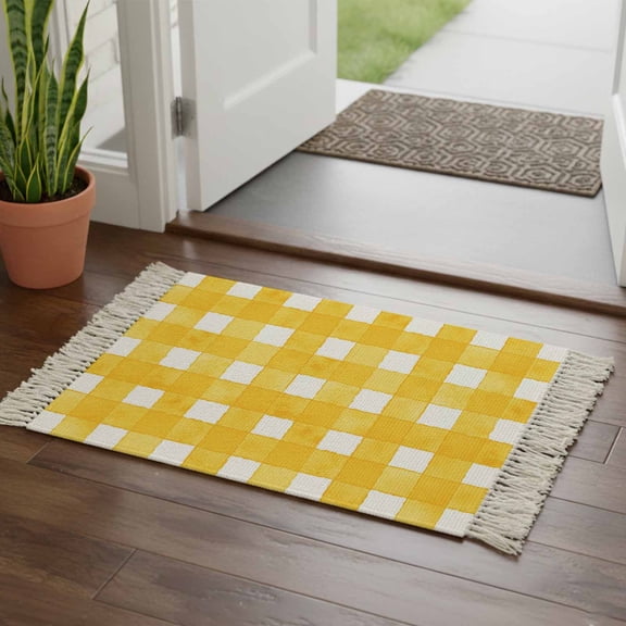 Kitchen Runner Rugs, Watercolor Checkered Pattern 2'x3' Throw Rug with Tassels, Orange and Yellow Striped Plaid Washable Soft Floor Carpet Runner for Hallway Bedroom Bathroom Laundry Room