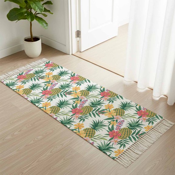 Kitchen Runner Rugs, Watercolor Flower Pineapple Fruit 2'x4' Throw Rug with Tassels, Tropical Leaves Floral Washable Soft Floor Carpet Runner for Hallway Bedroom Bathroom Laundry Room
