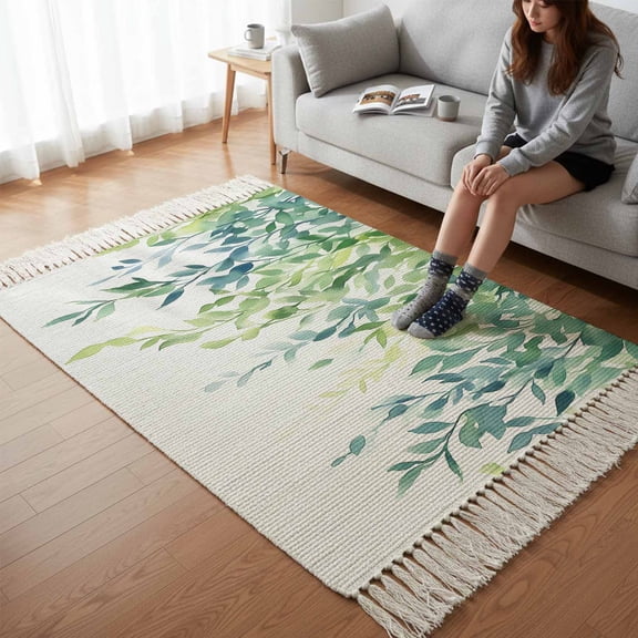 Kitchen Runner Rugs, Watercolor Foliage Pastoral Willow 3'x5' Throw Rug with Tassels, Spring Gradient Plant Washable Soft Floor Carpet Runner for Hallway Bedroom Bathroom Laundry Room
