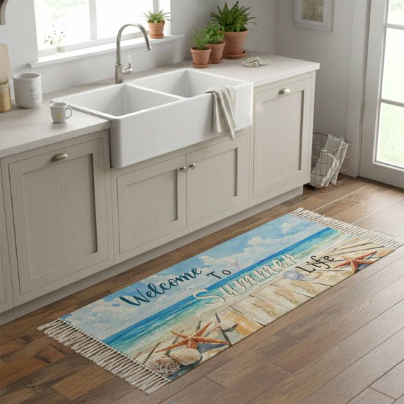 Kitchen Runner Rugs, Watercolor Ocean Beach Starfish Shell 2'x6' Throw Rug with Tassels, Summer Life Quote Wood Washable Soft Floor Carpet Runner for Hallway Bedroom Bathroom Laundry Room