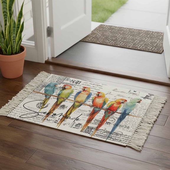 Kitchen Runner Rugs, Watercolor Parrot on Vintage Postcard 2'x3' Throw Rug with Tassels, Colorful Bird Letter Texture Washable Soft Floor Carpet Runner for Hallway Bedroom Bathroom Laundry Room