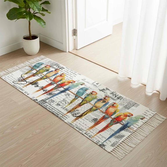 Kitchen Runner Rugs, Watercolor Parrot on Vintage Postcard 2'x4' Throw Rug with Tassels, Colorful Bird Letter Texture Washable Soft Floor Carpet Runner for Hallway Bedroom Bathroom Laundry Room
