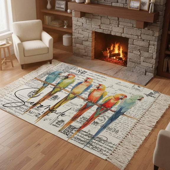 Kitchen Runner Rugs, Watercolor Parrot on Vintage Postcard 4'x6' Throw Rug with Tassels, Colorful Bird Letter Texture Washable Soft Floor Carpet Runner for Hallway Bedroom Bathroom Laundry Room