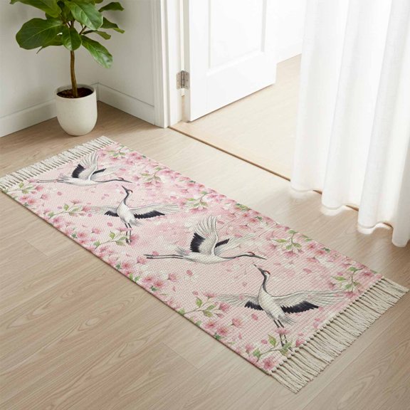 Kitchen Runner Rugs, Watercolor Pink Cherry Blossoms White Cranes 2'x4' Throw Rug with Tassels, Spring Floral Washable Soft Floor Carpet Runner for Hallway Bedroom Bathroom Laundry Room