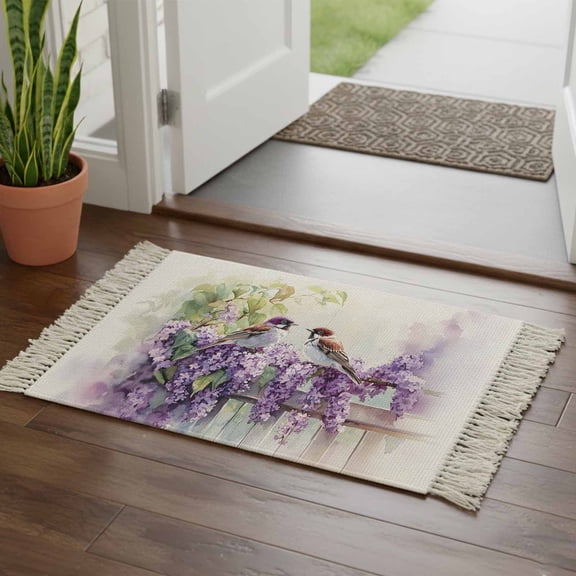 Kitchen Runner Rugs, Watercolor Sparrow Bird Lavender 2'x3' Throw Rug with Tassels, Idyllic Flower Leaves Fence Washable Soft Floor Carpet Runner for Hallway Bedroom Bathroom Laundry Room